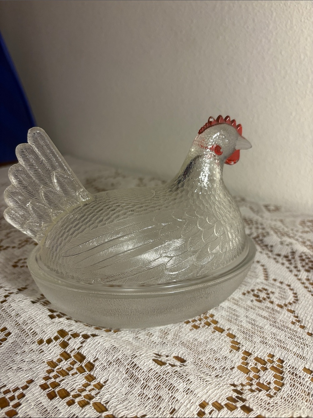 Indiana Glass Clear Glass Hen on Nest Candy Dish with Red Comb